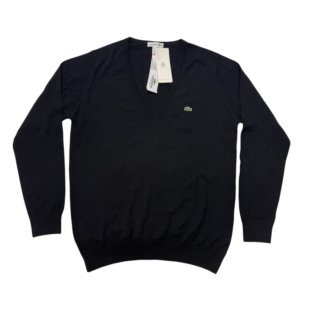 Lacoste Black V-Neck Sweater Extra Fine Merino Wool Womens 46 NWT